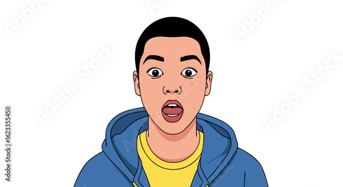 Digitally rendered illustration showcasing a young man's expression of astonishment, his eyes wide and mouth agape reflecting sudden shock and