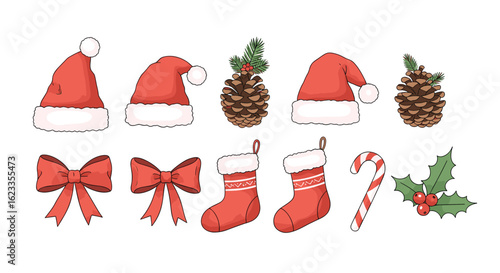 A festive collection of christmas icons featuring santa hats pinecones festive bows stockings candy canes and holly berries