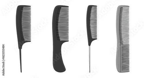 Assortment of different types of styling combs utilized for hair care and design in digital illustration