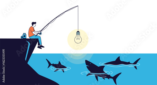 Man fishing with light bulb attracting sharks to shore a metaphor for dangerous ideas or temptations