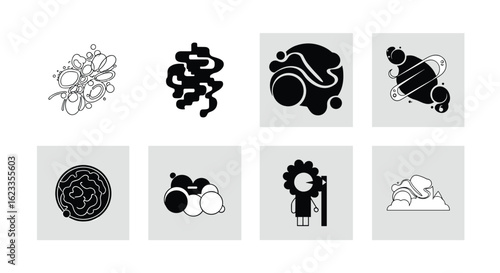 Illustrating diverse mechanical and biological concepts through simple abstract icons