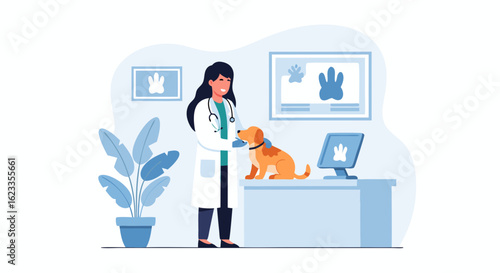 Veterinarian Examining a Cute Golden Dog in a Clinic for Pet Healthcare and Wellness Services Illustration