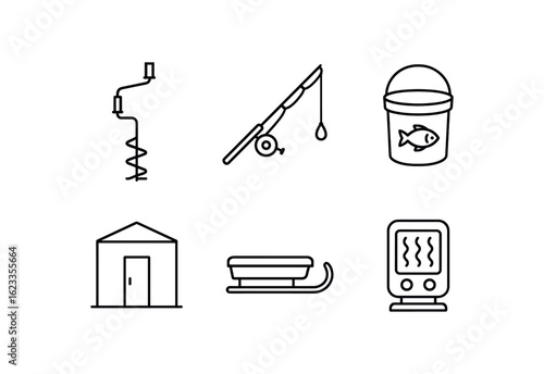 simple outline stroke icon items monoline icons style isolated on white background ice fishing (gear): ice auger fishing bait bucket ice shelter sled heater