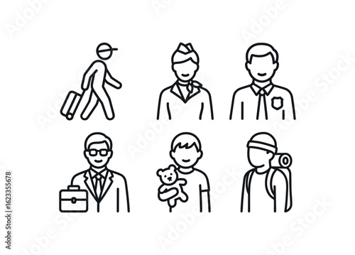 simple outline stroke icon items monoline icons style isolated on white background airport terminal (people): traveler flight attendant TSA agent businessperson child with toy backpacker