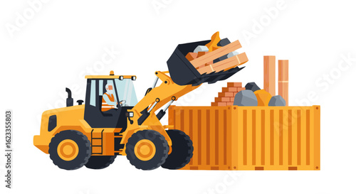 Illustrative Construction Site Loader Unloading Materials into Shipping Container in Cartoon Style Depiction of Industrial Activity and Material