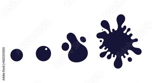 Progressive stages of a dark liquid blob expanding and splattering from a small droplet into a larger chaotic shape