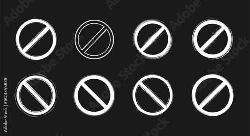 Collection of chalk style circle slash forbidden symbols against black background representing prohibition and restriction of actions or items