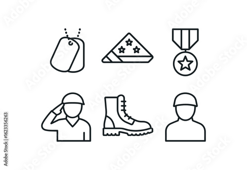 simple outline stroke icon items monoline icons style isolated on white background war veteran (symbols): dog tag folded flag service medal saluting figure military boot silhouette