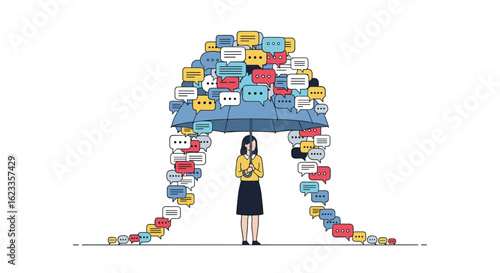 Overwhelmed by endless digital communication streams a person stands under a cascade of social media and messaging bubbles