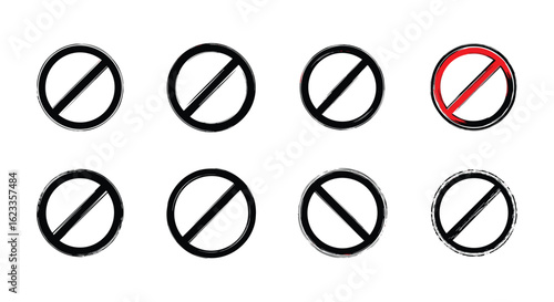 Collection of grunge style prohibition signs showing no entry or forbidden actions with subtle variations in red and black strokes and rough circle borders indicating restrictions and warnings