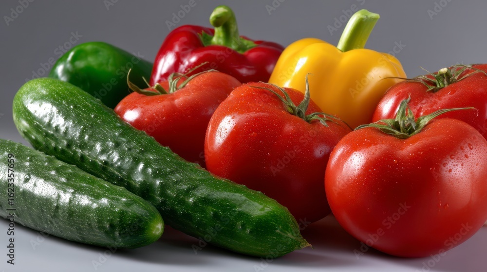 Fresh Vegetables Cucumbers Tomatoes and Bell Peppers Fresh Vegetables Cucumbers Tomatoes and Bell Peppers