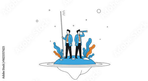 Two business people looking into the distance with binoculars on a small island surrounded by water and plants symbolizing growth and exploration
