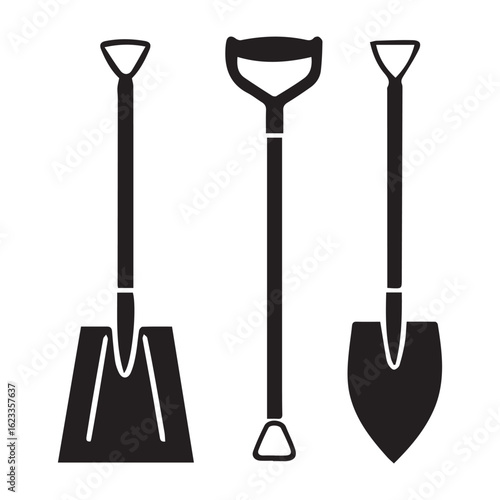Vector art of three different types of shovels and spades silhouettes isolated on white background