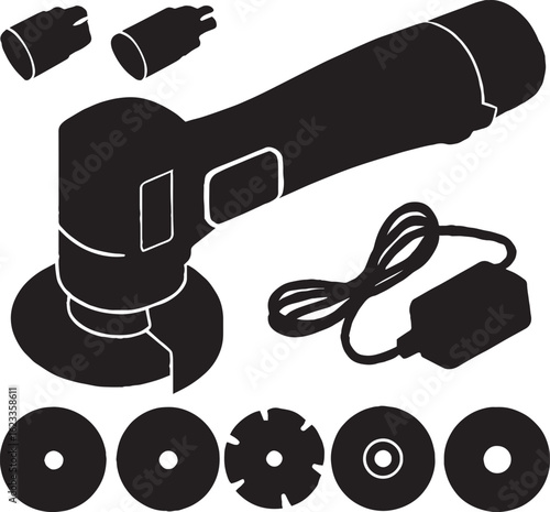 Black and white silhouette of Angle Grinder Kit Charger, Disc Set & Night Torch for Versatile Power Tooling