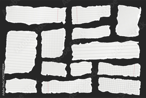 Ripped paper strips. Realistic crumpled paper scraps with torn edges. Shreds of notebook, book or old newspaper pages. Trendy collage elements. Vector illustration