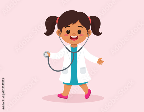 little kid wearing doctor costume play child cute adorable playful pretend play medical outfit cheerful vector