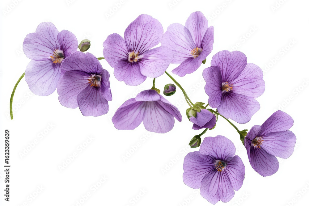 Obraz premium Watercolor botanical illustration of delicate purple flowers showcasing intricate details and soft hues, evoking sense