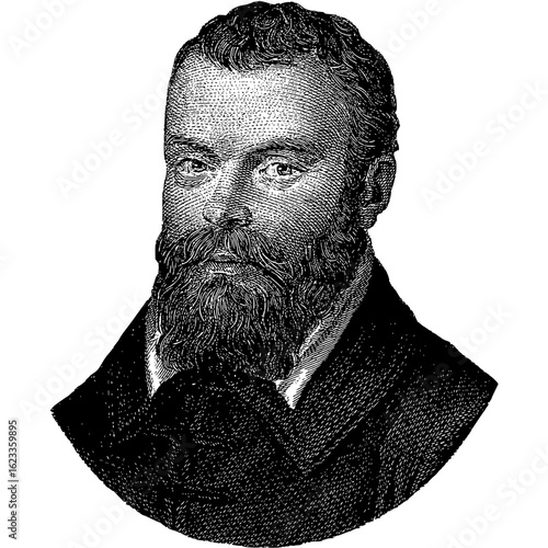 Vintage engraved portrait of a bearded gentleman. Historical black and white illustration from the 19th century.