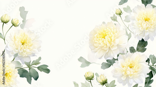 Watercolor chrysanthemums in soft yellow and white create serene floral arrangement, evoking tranquility and beauty