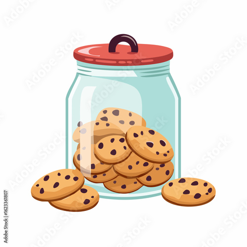 A classic glass cookie jar filled with delicious chocolate chip cookies. Cartoon vector illustration of a sweet homemade snack or dessert.
