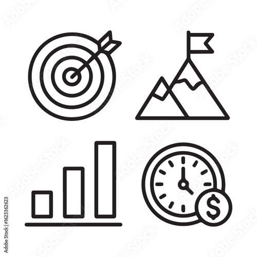 Target arrow mountain flag graph clock money icons success achievement growth time finance