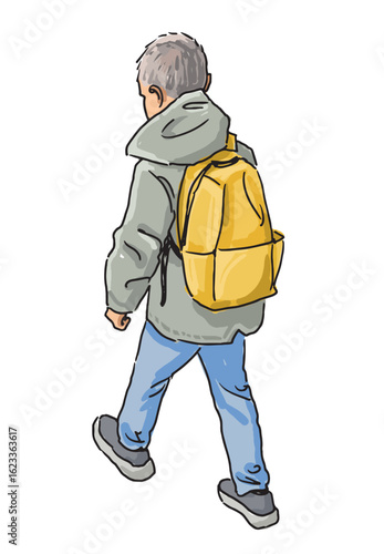 One little boy with backpack, junior schoolchild walking outdoors alone, back view, vector hand drawing, white background