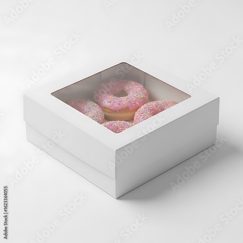 White bakery box with a clear window showing pink frosted donuts inside