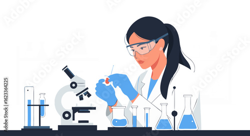 Focused scientist researching with microscope and glassware in modern laboratory setting for advanced study and analysis
