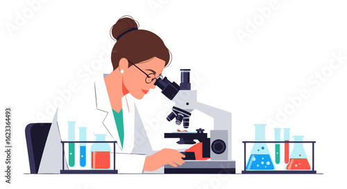 Dedicated scientist conducting research with a microscope and lab equipment in laboratory setting for innovation and advancement in medicine