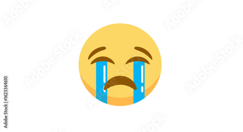 Illustration of a very sad yellow emoji face with teardrops expressing sorrow and disappointment with a flat design on a white background