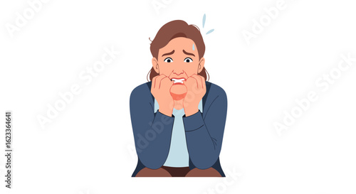 Woman expressing anxiety and worry, a cartoon character showcasing a sense of overwhelm and emotional distress in a simple, graphic illustration