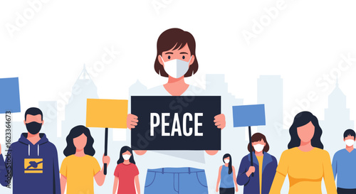 Advocates Marching for Global Harmony and Solidarity: A Crowd Demanding Worldwide Accord and Tolerance on the Cityscape Backdrop