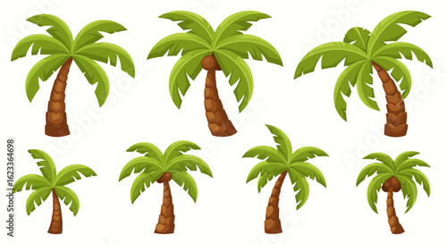 Cartoon Palm Trees Assortment Presenting Tropical Vacation Vibes, Isolated on White Background, Perfect for Summery Creative