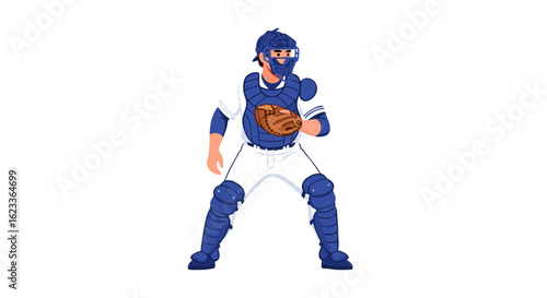Ready Baseball Catcher Cartoon Character in Full Protective Gear Anticipating a Play within a Game Setting