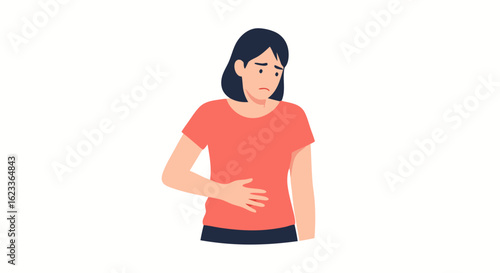 Sad woman holding her stomach, suffering from abdominal pain and discomfort, health issues concept showing illness and distress symptoms with hand