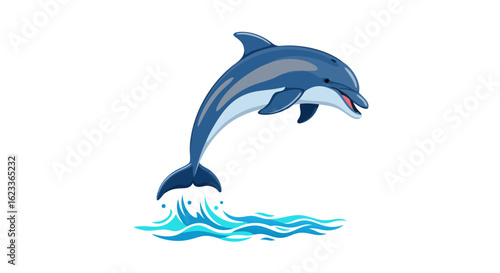 Animated dolphin leaping from the waves, a joyful illustration of marine wildlife against a pristine white backdrop displaying exuberance
