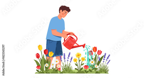 Man tending to blooming garden with watering can in summer vibrant illustration of healthy garden ecosystem with colorful blossoms and greenery