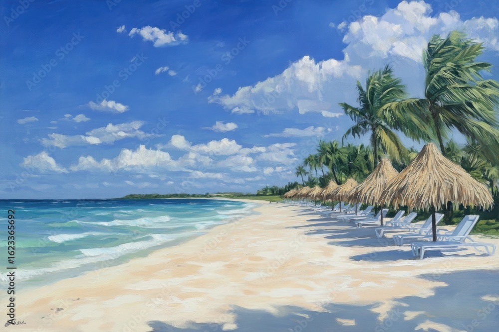 Obraz premium Beautiful tropical beach with palm trees, umbrellas, and turquoise sea