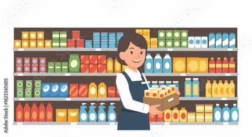 Smiling Supermarket Employee Restocking Shelves with Various Grocery Items from a Brown Box in Aisle Stocking