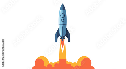 Dynamic Cartoon Rocket Launching into Space with Trail of Fire and Smoke in the Sky