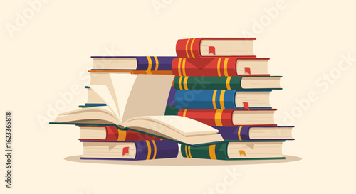 A stack of colorful books with one opened, offering a gateway to knowledge and exploration, in a vibrant and inviting learning environment