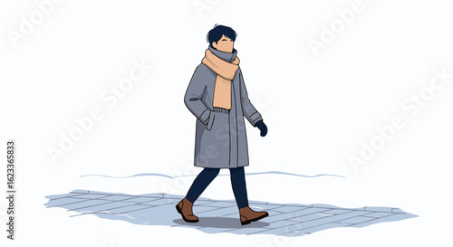 A Cartoon Person Walks Briskly Along a Snowy Path on a Cold Day Drawing, with Modern Style and Colors