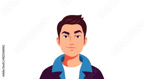 Illustration of a young man with a slight smirk expressing subtle attitude and confidence in a minimalist style showcasing a modern, flat design for