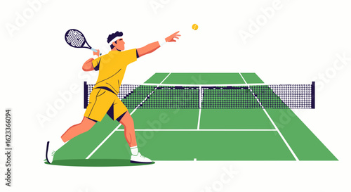 Dynamic Tennis Player Serving on Court Illustration Portraying Athleticism and Skillful Play Illustration Demonstrating Sport Spirit
