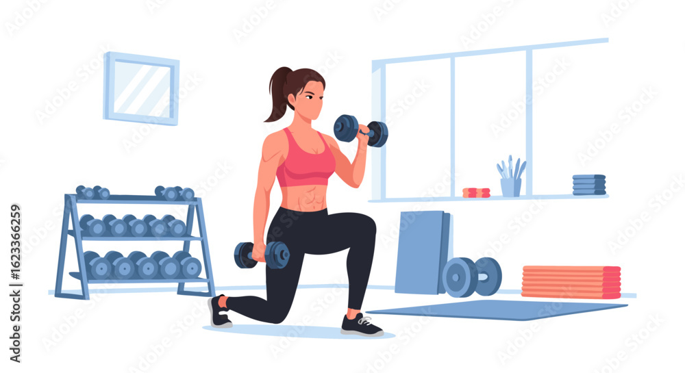 Fototapeta premium Athletic Woman Performs Dumbbell Lunges in Brightly Lit Gym, Encouraging Fitness, Health, and Active Lifestyle Illustration