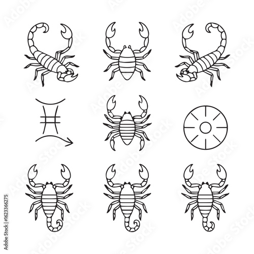 Collection of scorpion illustrations various poses and zodiac symbols