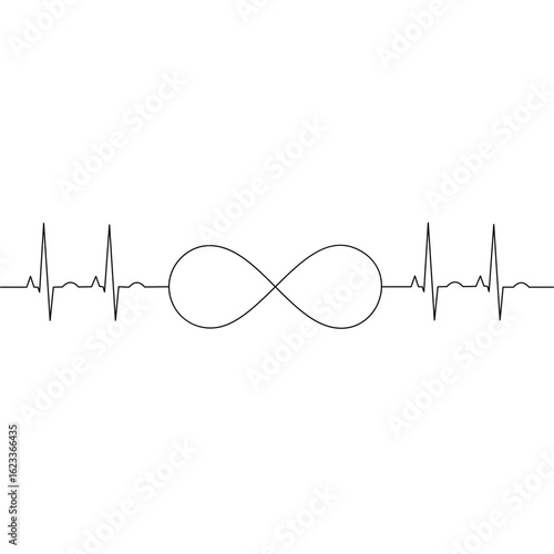 Minimalist line art of a heartbeat cardiogram pulse merging into an infinity symbol representing eternal life and love.