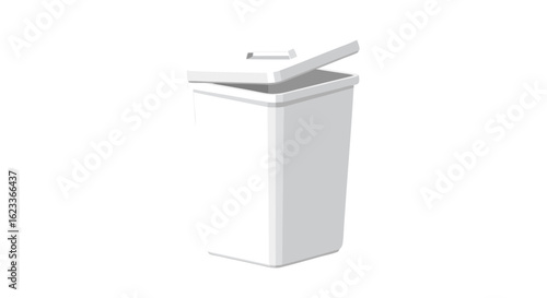 Minimalist depiction of an open, empty, light gray waste bin on a white background, emphasizing cleanliness and disposal concept