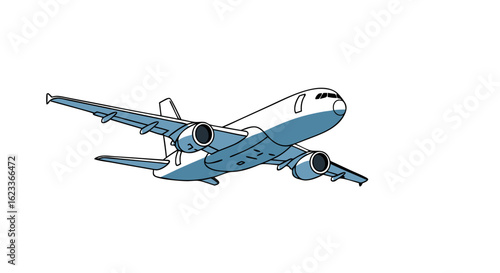 Stylized commercial airliner soars through the clouds showcasing flight and travel illustration design concept against a pure white backdrop