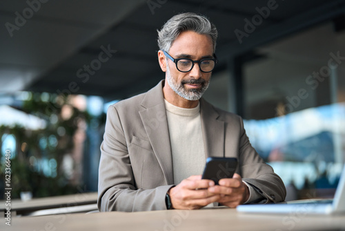 Quadro em tela Stylish older busy businessman investor wearing glasses holding smartphone looking at cellphone doing financial payments